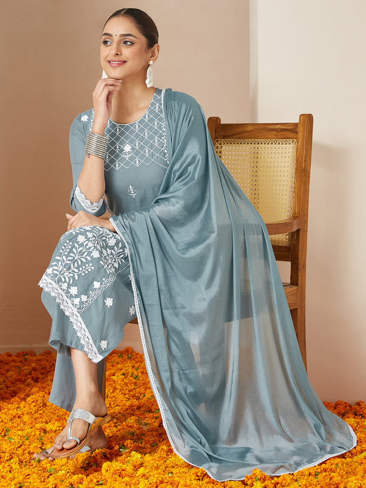 Janasya Women's Powder Blue Silk Blend Embroidered Straight Kurta Set - qivii