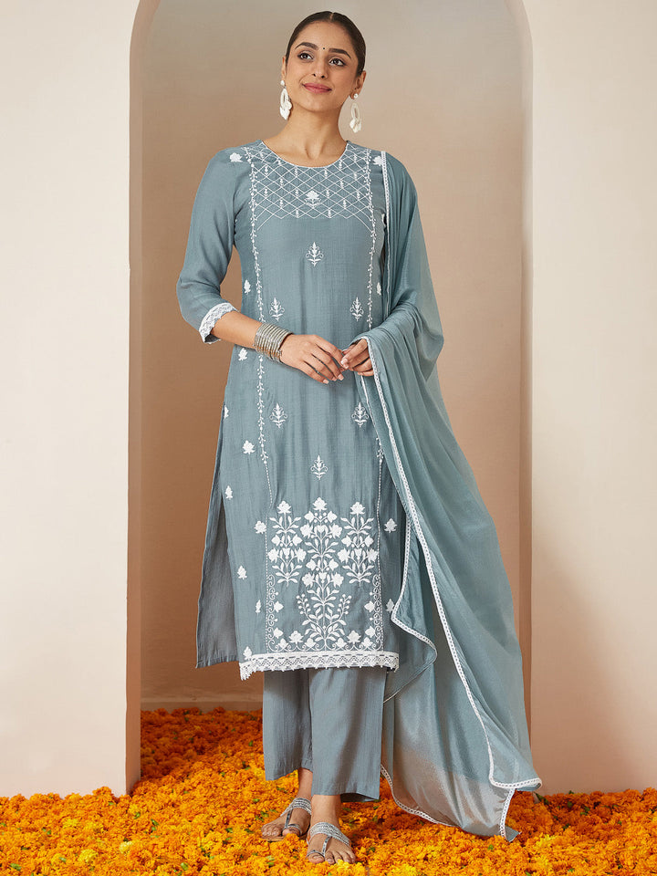 Janasya Women's Powder Blue Silk Blend Embroidered Straight Kurta Set - qivii