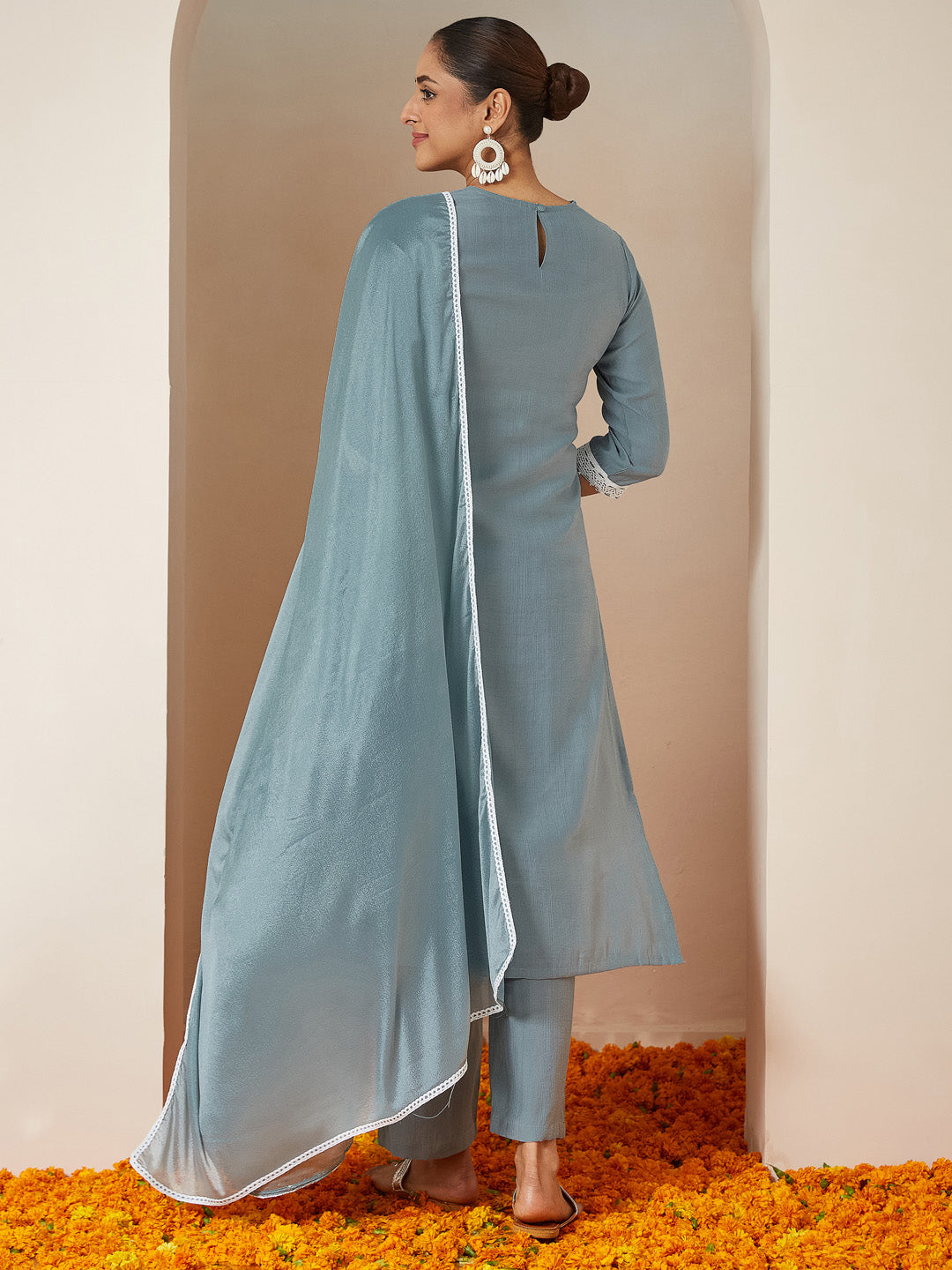 Janasya Women's Powder Blue Silk Blend Embroidered Straight Kurta Set - qivii