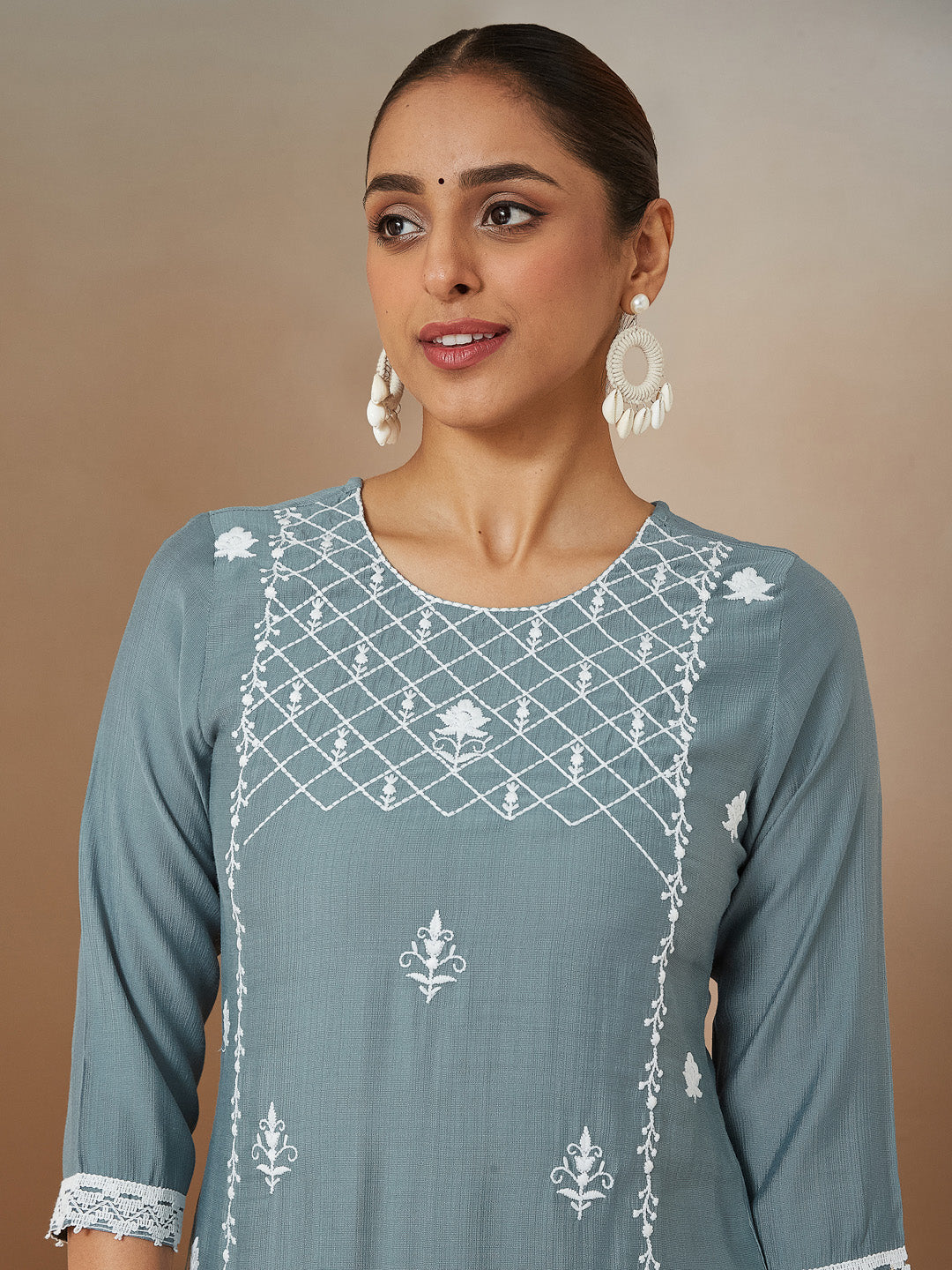 Janasya Women's Powder Blue Silk Blend Embroidered Straight Kurta Set - qivii