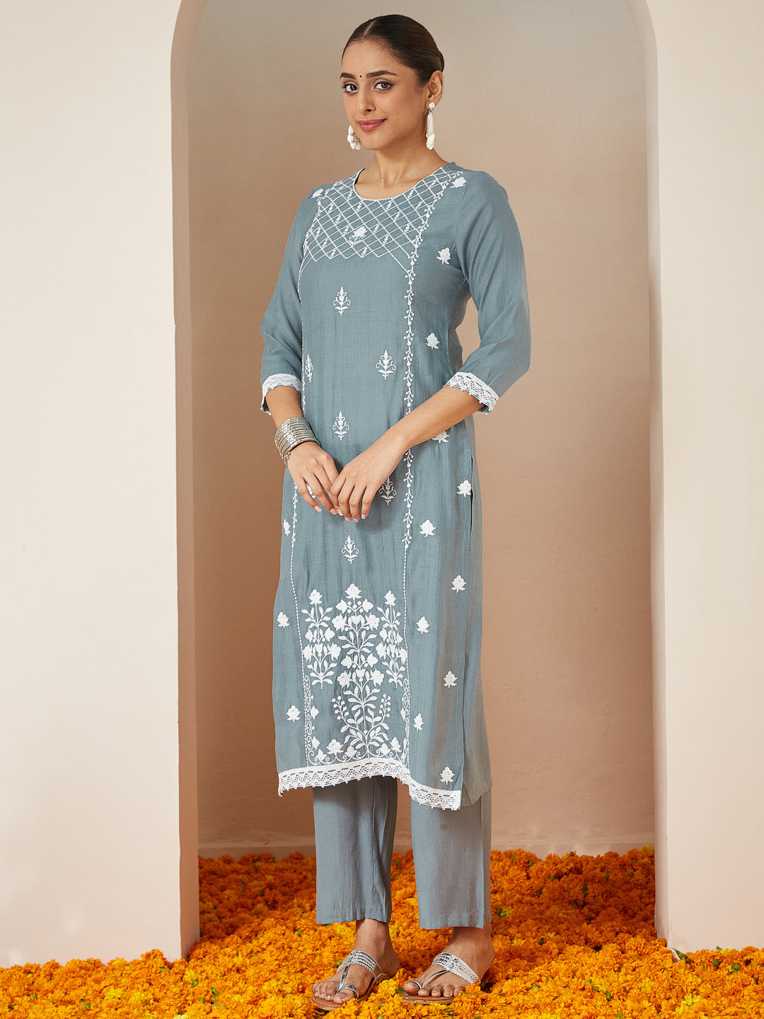 Janasya Women's Powder Blue Silk Blend Embroidered Straight Kurta Set - qivii
