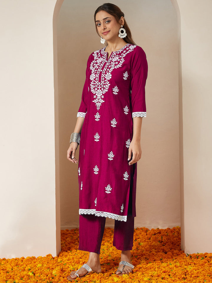 Janasya Women's Pink Silk Blend Embroidered Straight Kurta Set With Dupatta - qivii