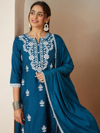 Janasya Women's Teal Blue Silk Blend Embroidered Straight Kurta Set