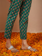 Janasya Women's Green Pure Cotton Floral Printed Yoke Design Anarkali Kurta Set