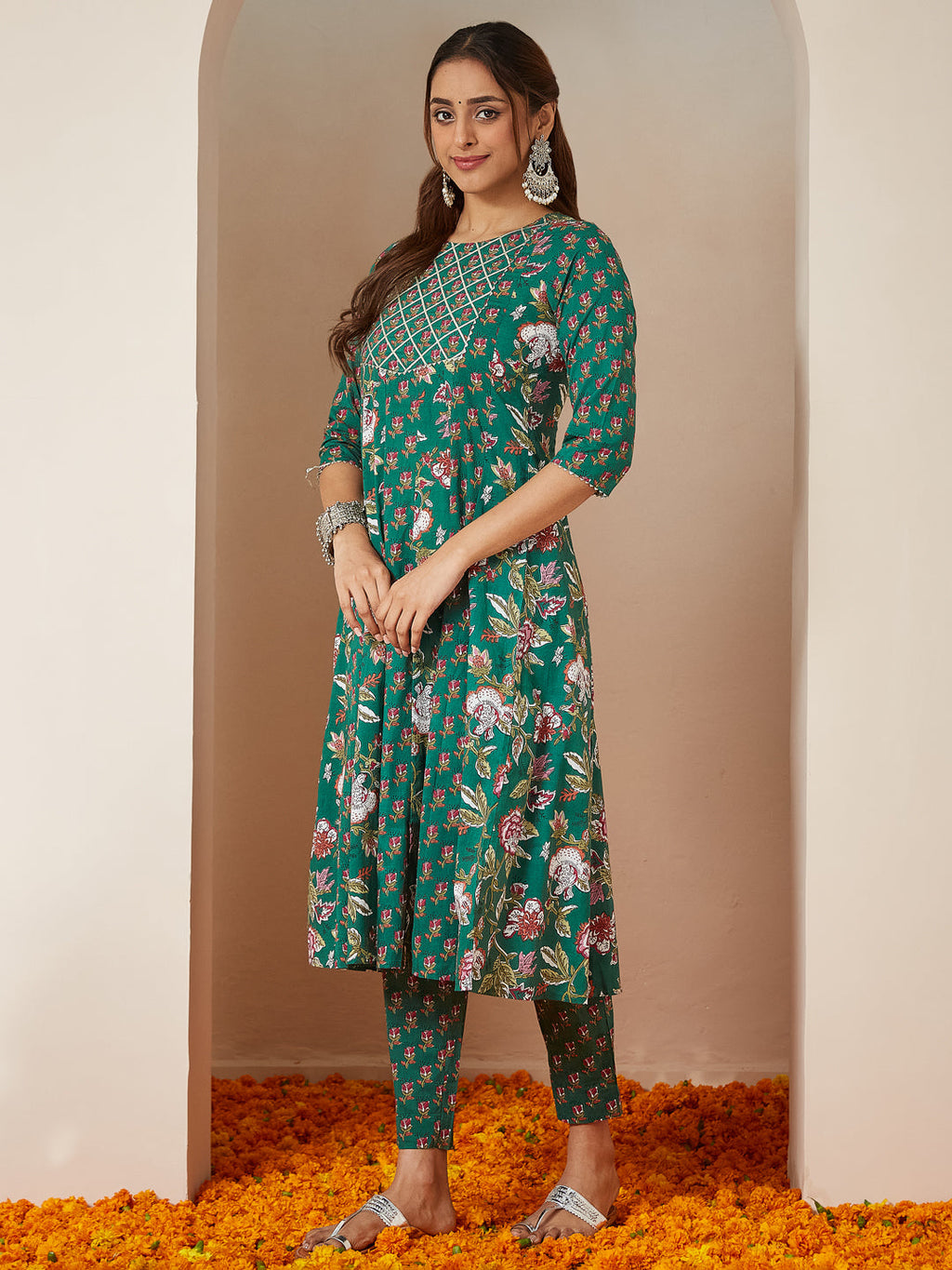 Janasya Women's Green Pure Cotton Floral Printed Yoke Design Anarkali Kurta Set