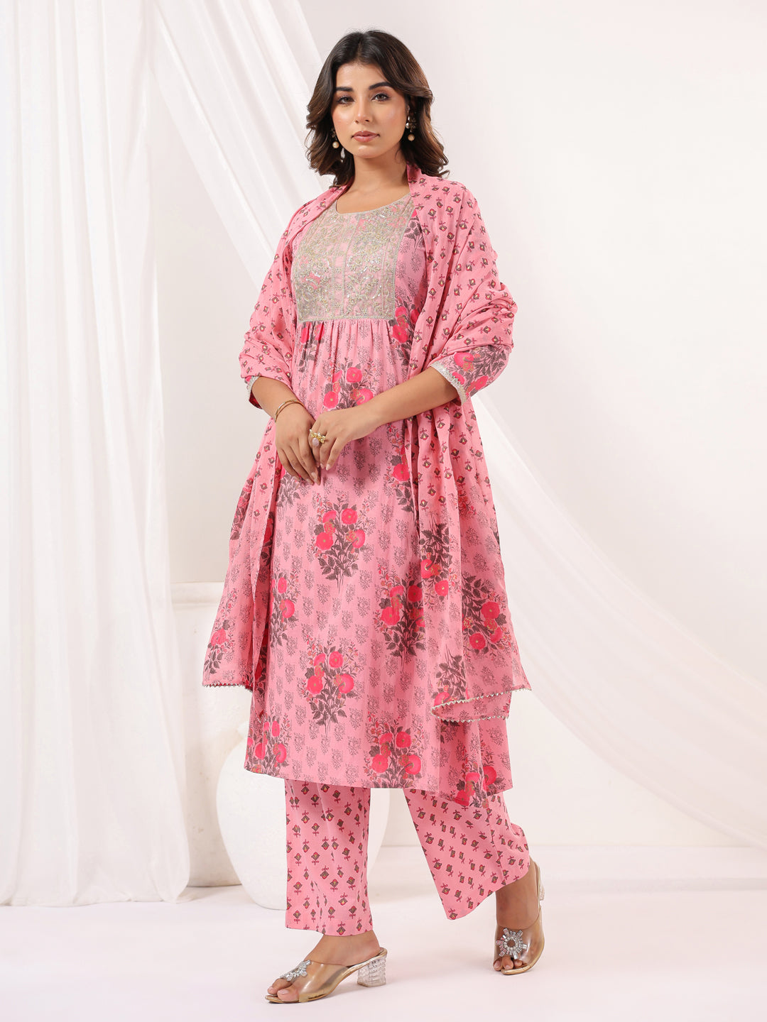 Janasya Women's Pink Pure Cotton Yoke Embroidered Floral Printed Gathered Kurta Set