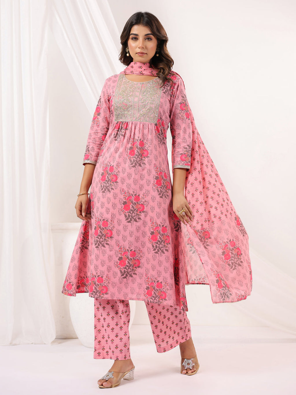 Janasya Women's Pink Pure Cotton Yoke Embroidered Floral Printed Gathered Kurta Set