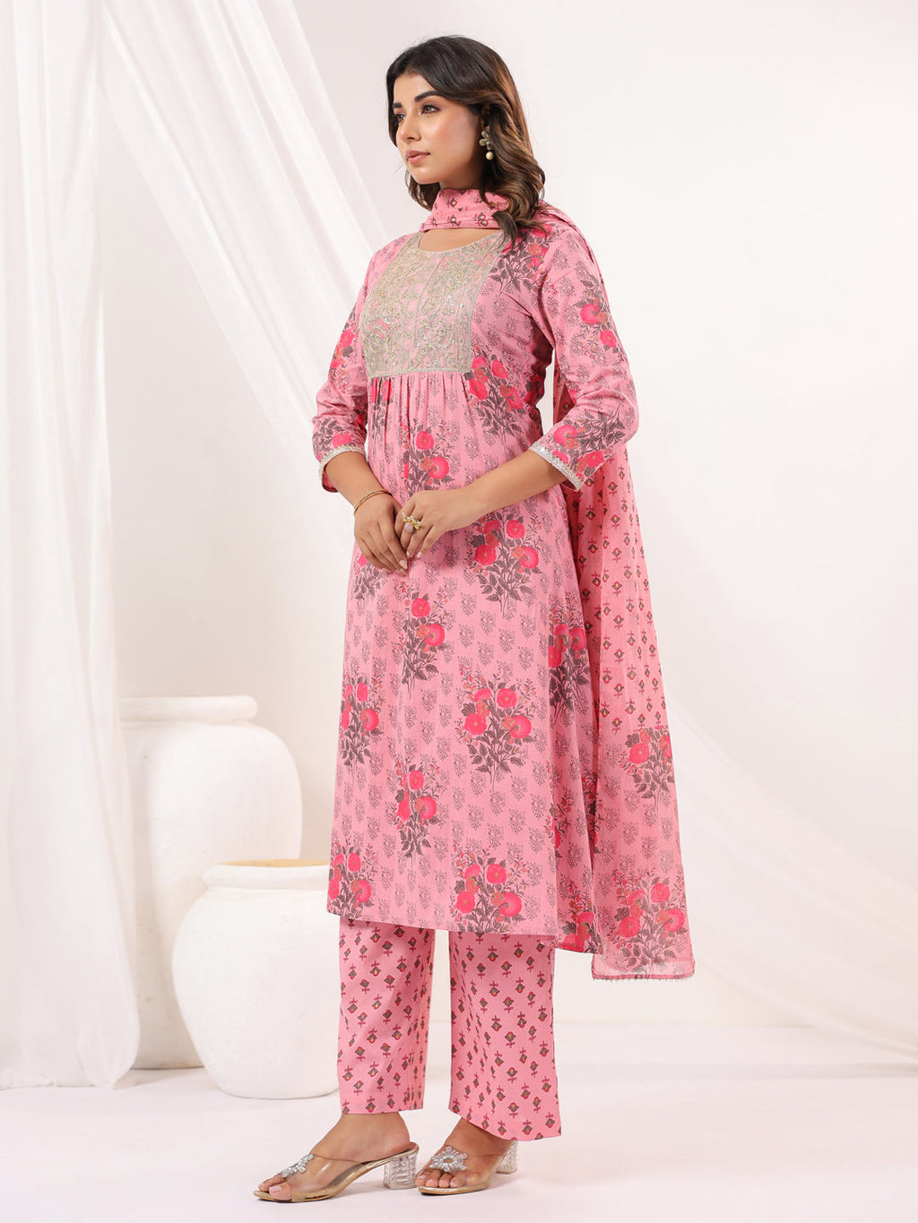 Janasya Women's Pink Pure Cotton Yoke Embroidered Floral Printed Gathered Kurta Set