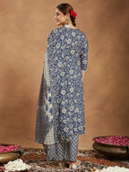 Janasya Women's Blue Pure Cotton Floral Printed Anarkali Kurta Set