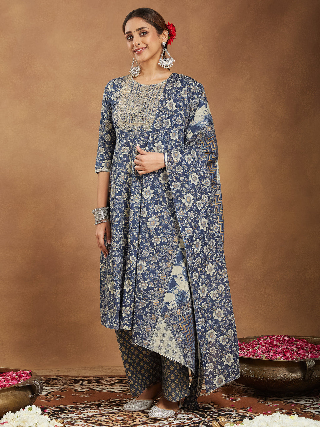 Janasya Women's Blue Pure Cotton Floral Printed Anarkali Kurta Set
