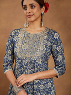 Janasya Women's Blue Pure Cotton Floral Printed Anarkali Kurta Set