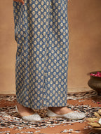 Janasya Women's Blue Pure Cotton Floral Printed Anarkali Kurta Set