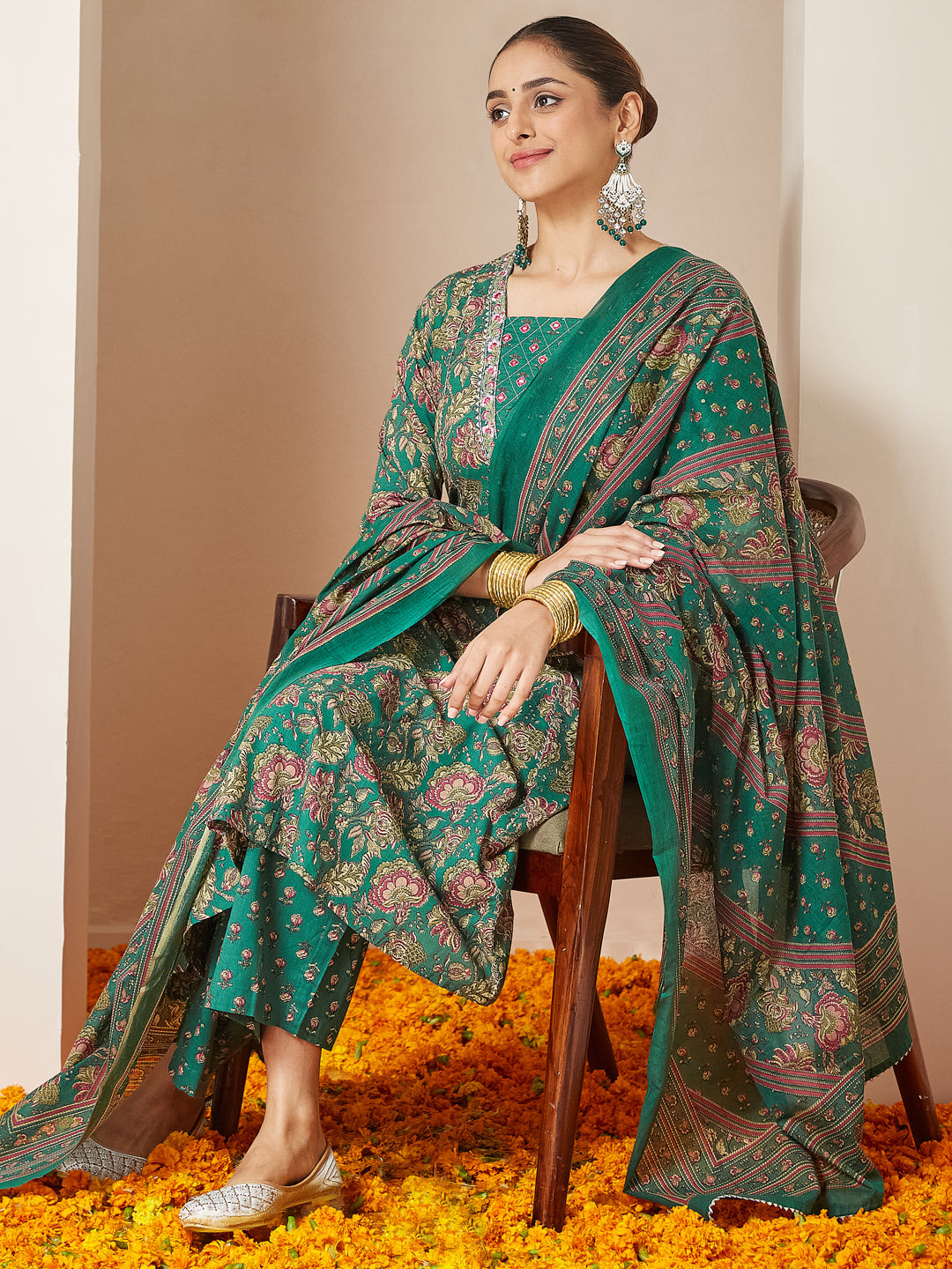 Janasya Women's Dark Green Pure Cotton Floral Printed Yoke Embroidered A-line Kurta Set - qivii