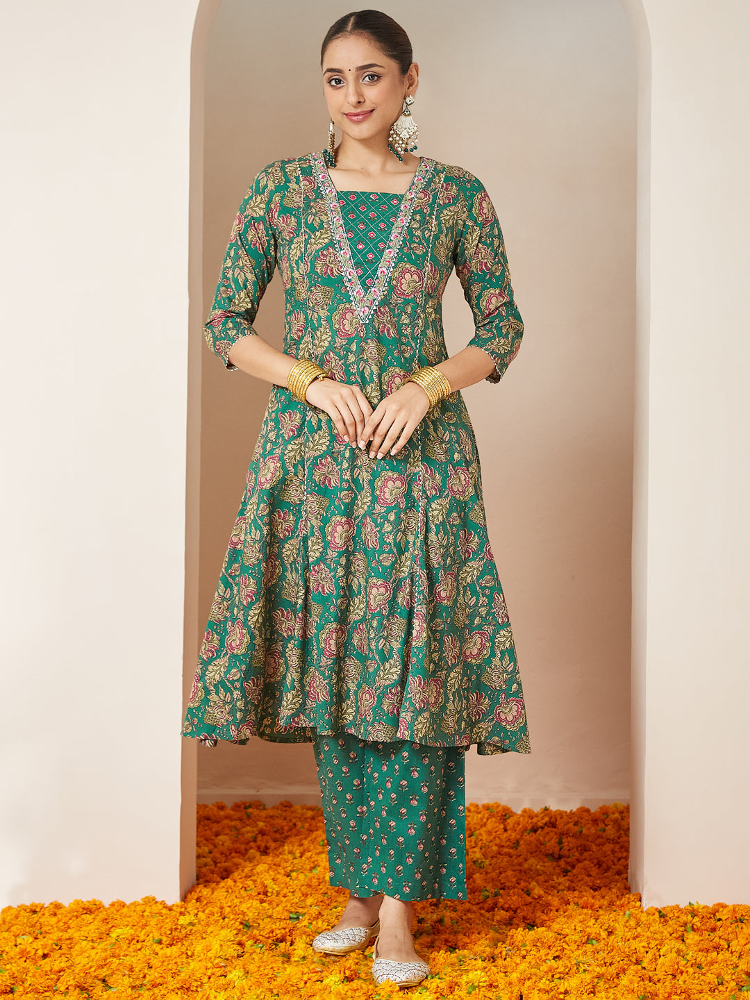 Janasya Women's Dark Green Pure Cotton Floral Printed Yoke Embroidered A-line Kurta Set