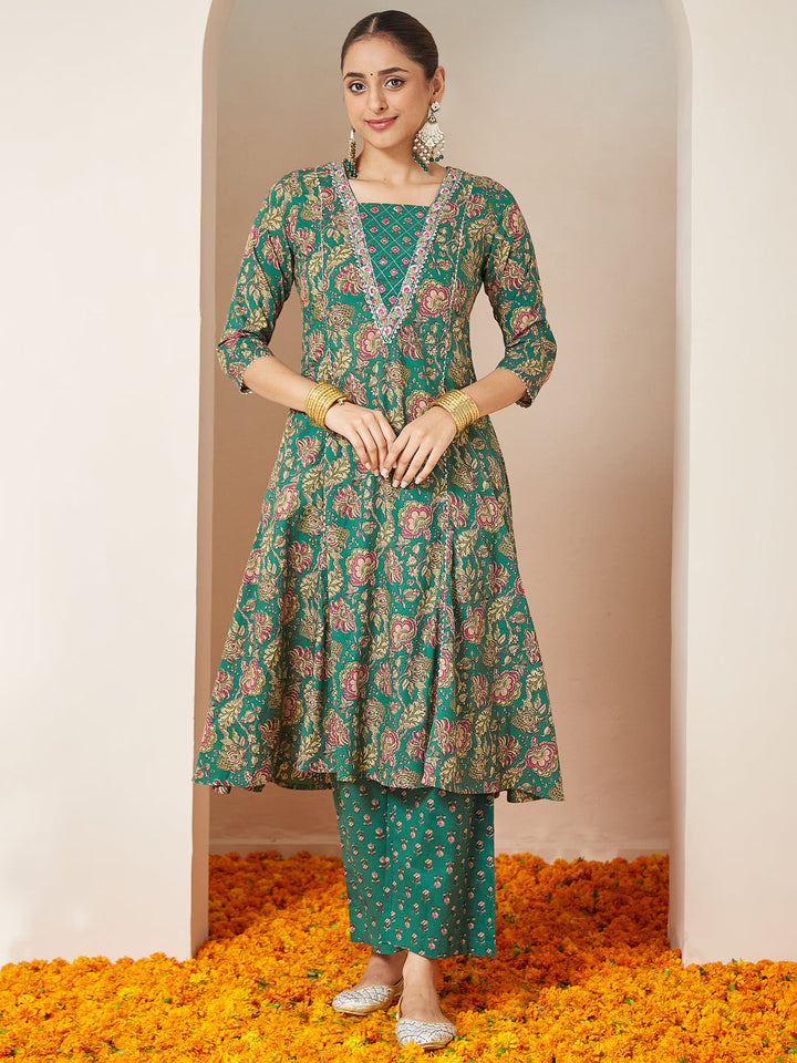 Janasya Women's Dark Green Pure Cotton Floral Printed Yoke Embroidered A-line Kurta Set - qivii