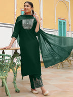 Janasya Women's Dark Green Chanderi Silk Zari Embroidered Straight Kurta Set
