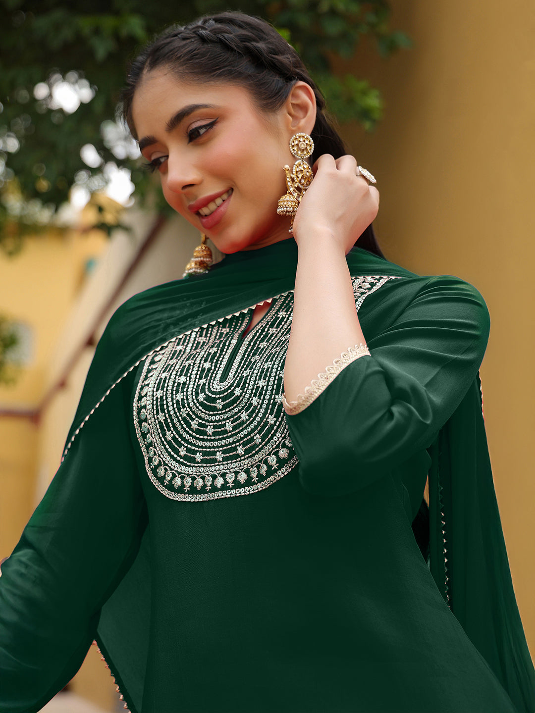 Janasya Women's Dark Green Chanderi Silk Zari Embroidered Straight Kurta Set