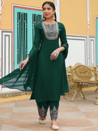 Janasya Women's Dark Green Chanderi Silk Zari Embroidered Straight Kurta Set