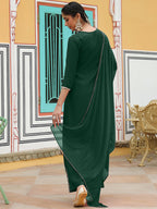 Janasya Women's Dark Green Chanderi Silk Zari Embroidered Straight Kurta Set