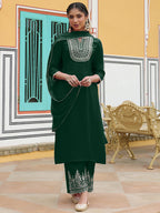 Janasya Women's Dark Green Chanderi Silk Zari Embroidered Straight Kurta Set