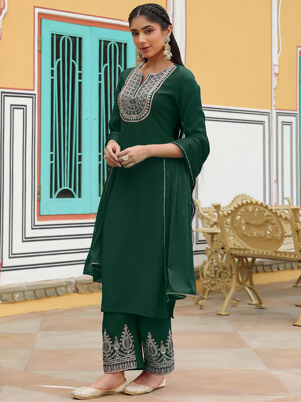 Janasya Women's Dark Green Chanderi Silk Zari Embroidered Straight Kurta Set