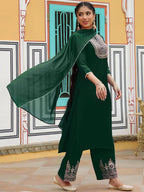 Janasya Women's Dark Green Chanderi Silk Zari Embroidered Straight Kurta Set