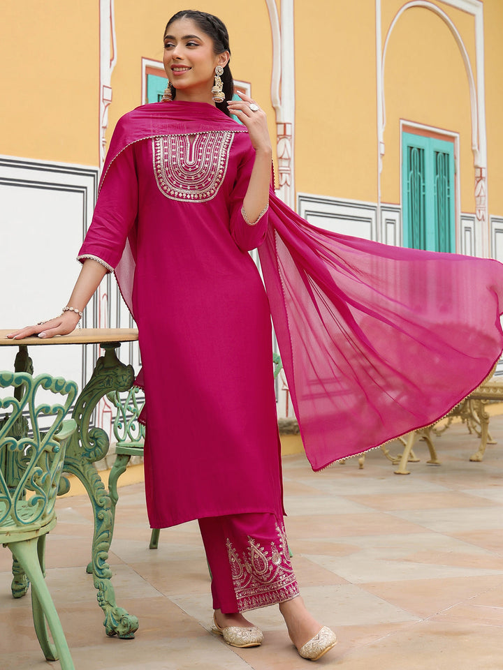 Janasya Women's Pink Chanderi Silk Zari Embroidered Straight Kurta Set - qivii