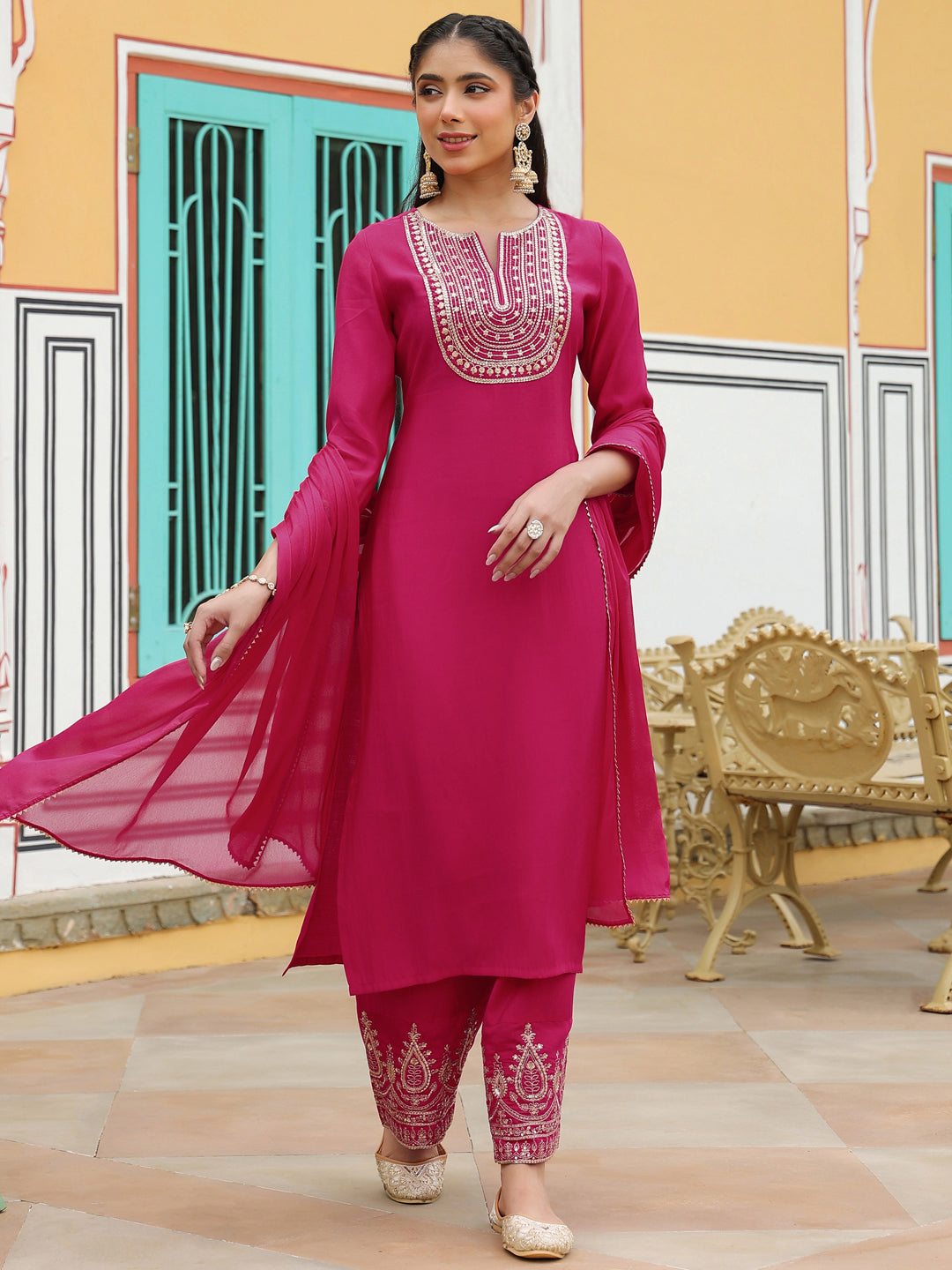 Janasya Women's Pink Chanderi Silk Zari Embroidered Straight Kurta Set - qivii