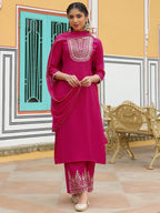 Janasya Women's Pink Chanderi Silk Zari Embroidered Straight Kurta Set