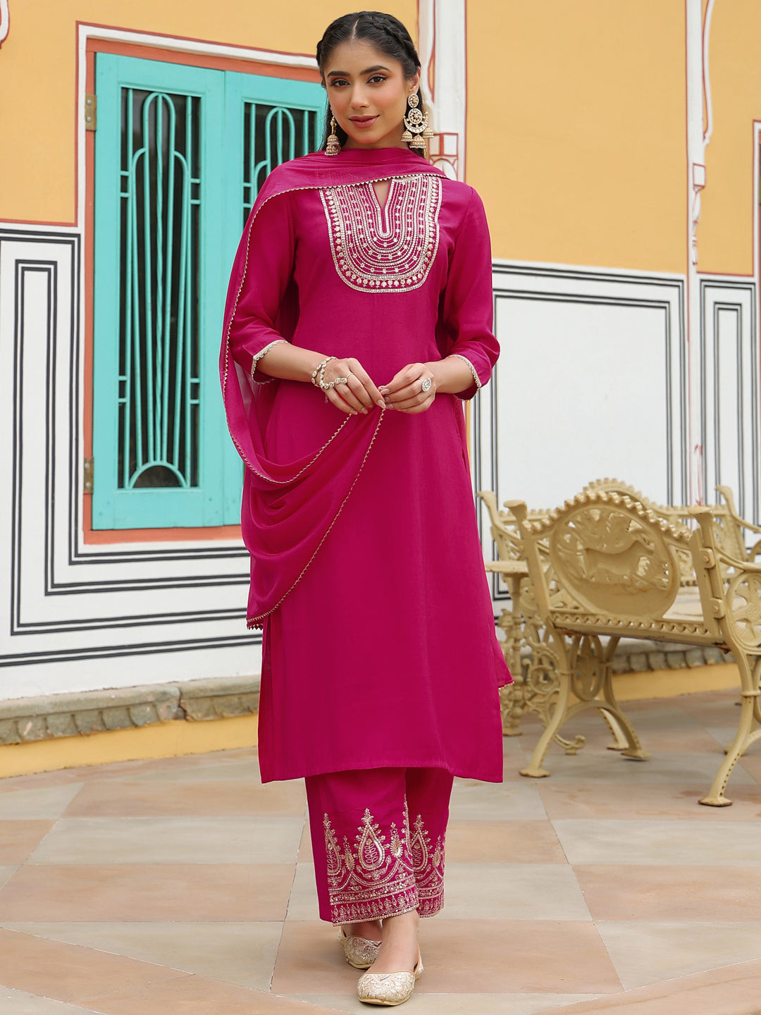 Janasya Women's Pink Chanderi Silk Zari Embroidered Straight Kurta Set