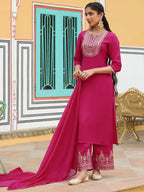 Janasya Women's Pink Chanderi Silk Zari Embroidered Straight Kurta Set