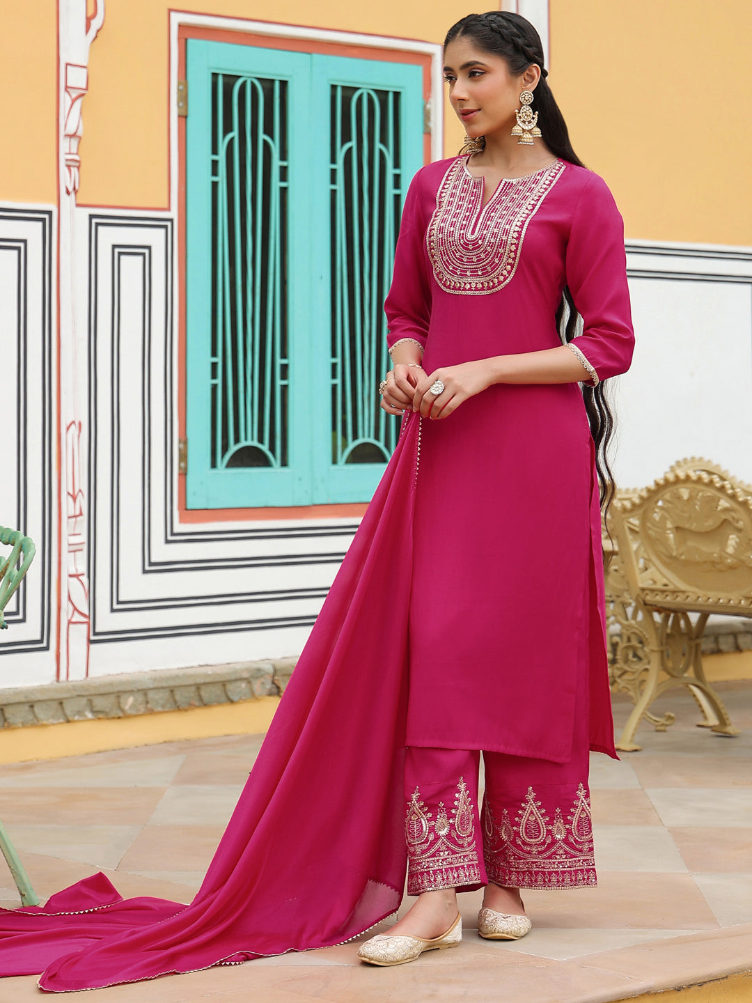 Janasya Women's Pink Chanderi Silk Zari Embroidered Straight Kurta Set