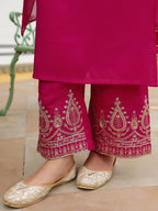 Janasya Women's Pink Chanderi Silk Zari Embroidered Straight Kurta Set