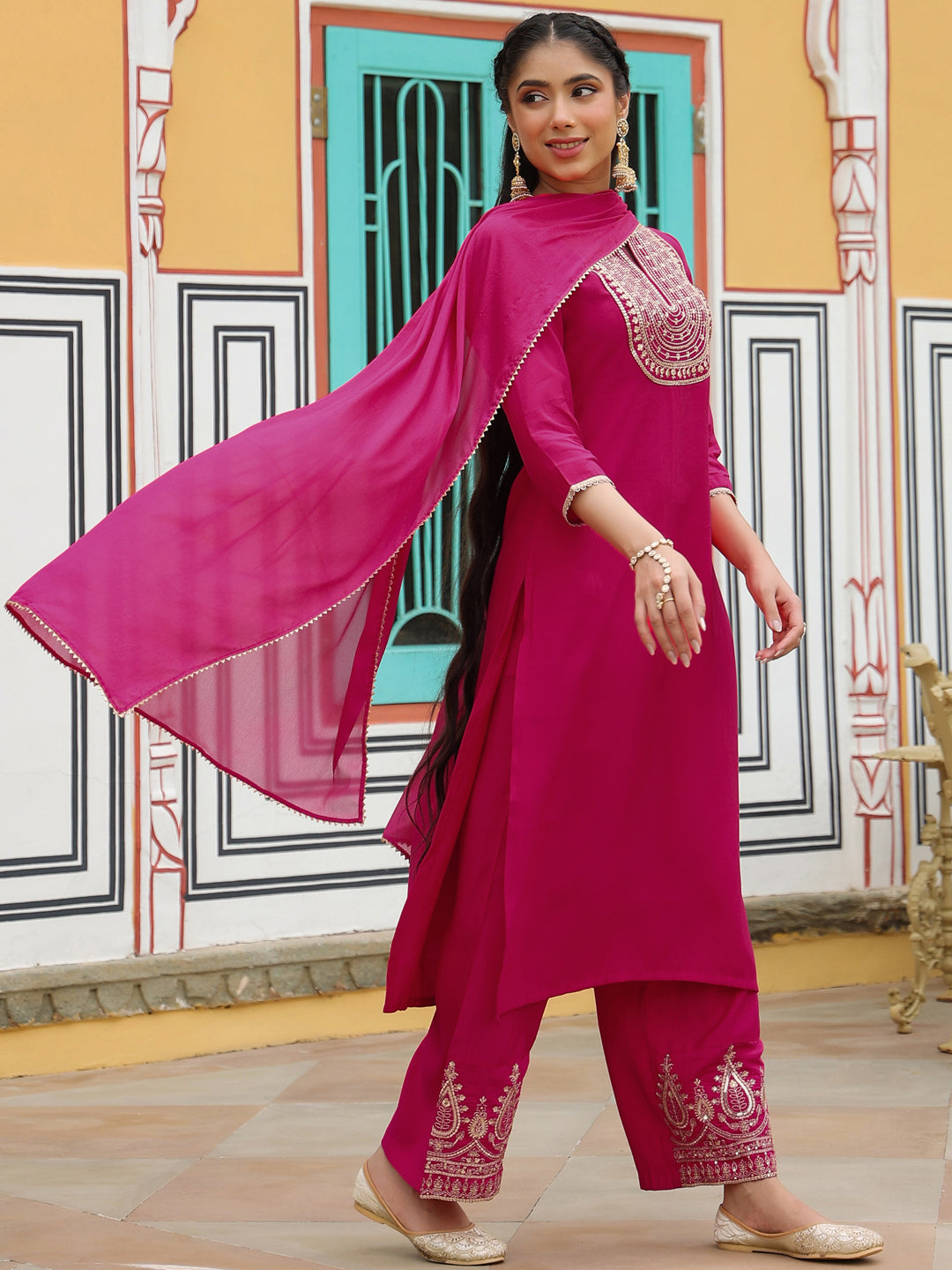 Janasya Women's Pink Chanderi Silk Zari Embroidered Straight Kurta Set