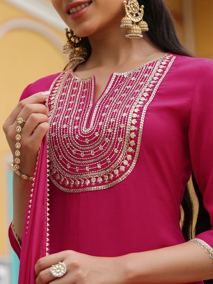 Janasya Women's Pink Chanderi Silk Zari Embroidered Straight Kurta Set - qivii