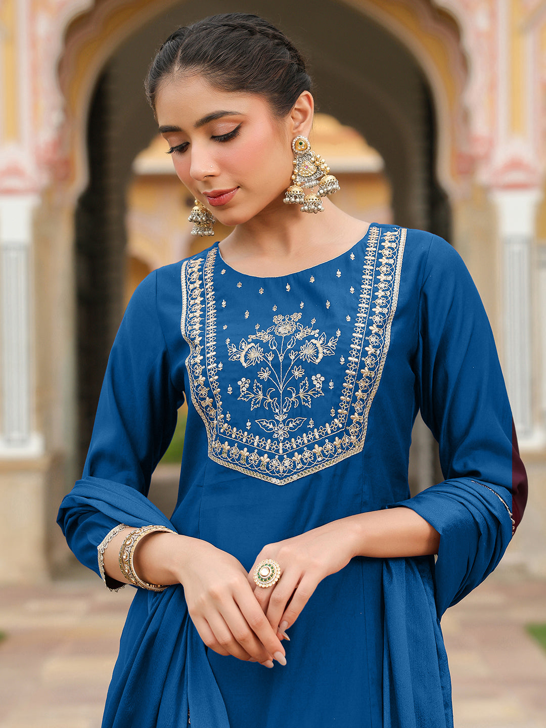 Janasya Women's Teal Blue Chanderi Silk Zari Embroidered A-line Kurta Set - qivii