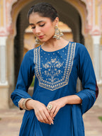 Janasya Women's Teal Blue Chanderi Silk Zari Embroidered A-line Kurta Set