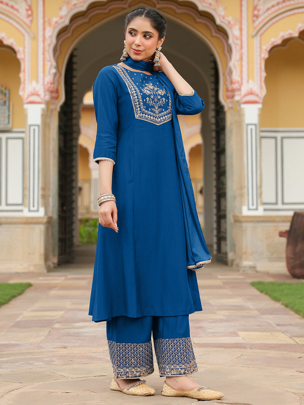 Janasya Women's Teal Blue Chanderi Silk Zari Embroidered A-line Kurta Set