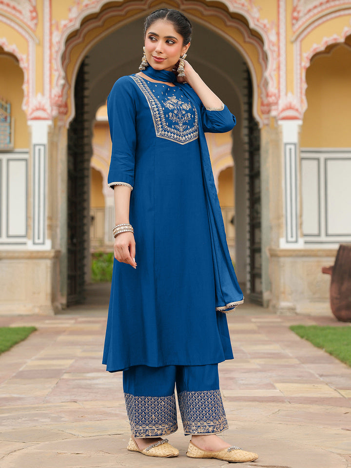Janasya Women's Teal Blue Chanderi Silk Zari Embroidered A-line Kurta Set - qivii