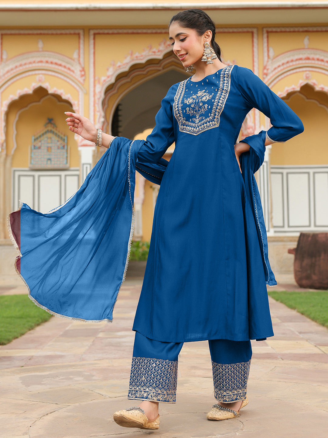 Janasya Women's Teal Blue Chanderi Silk Zari Embroidered A-line Kurta Set - qivii
