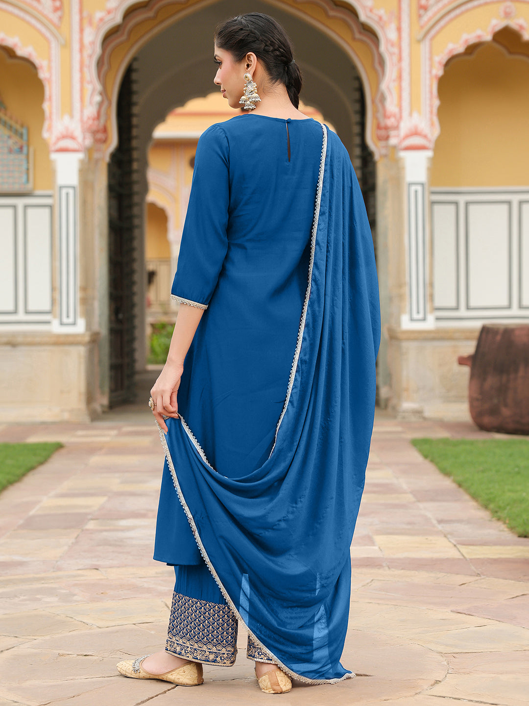 Janasya Women's Teal Blue Chanderi Silk Zari Embroidered A-line Kurta Set - qivii