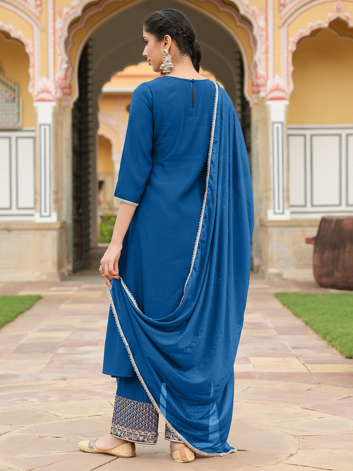 Janasya Women's Teal Blue Chanderi Silk Zari Embroidered A-line Kurta Set - qivii