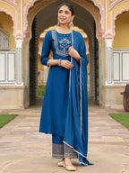 Janasya Women's Teal Blue Chanderi Silk Zari Embroidered A-line Kurta Set