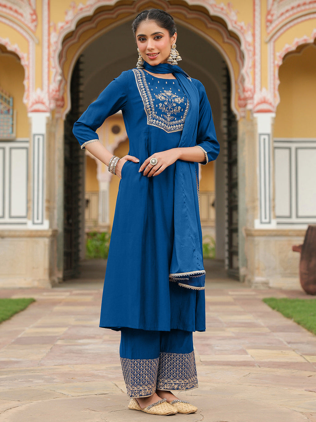 Janasya Women's Teal Blue Chanderi Silk Zari Embroidered A-line Kurta Set