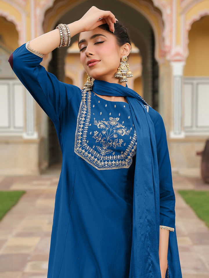 Janasya Women's Teal Blue Chanderi Silk Zari Embroidered A-line Kurta Set - qivii