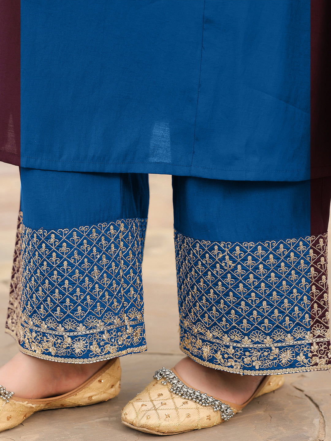 Janasya Women's Teal Blue Chanderi Silk Zari Embroidered A-line Kurta Set - qivii