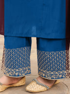 Janasya Women's Teal Blue Chanderi Silk Zari Embroidered A-line Kurta Set