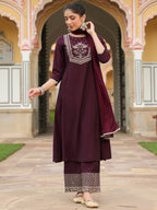 Janasya Women's Wine Chanderi Silk Zari Embroidered A-line Kurta With Palazzo & Dupatta Set