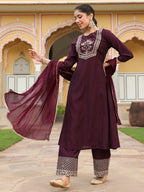 Janasya Women's Wine Chanderi Silk Zari Embroidered A-line Kurta With Palazzo & Dupatta Set
