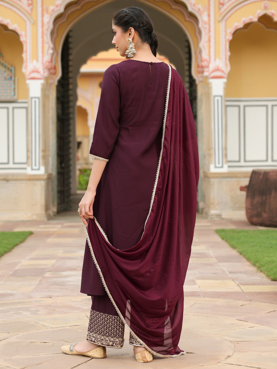 Janasya Women's Wine Chanderi Silk Zari Embroidered A-line Kurta With Palazzo & Dupatta Set - qivii